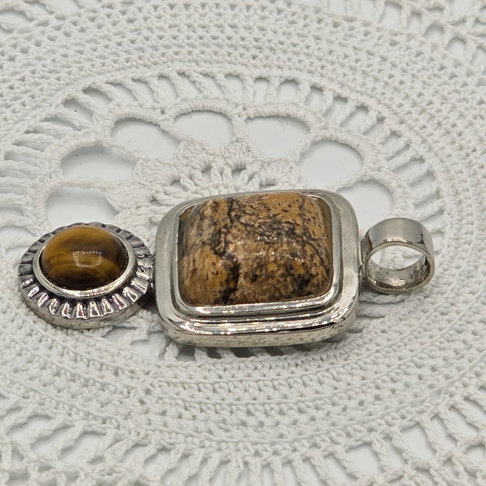 Vintage ROMAN Stone and Tigers Eye Silver Tone Pendant Brown - Picture 4 of 10